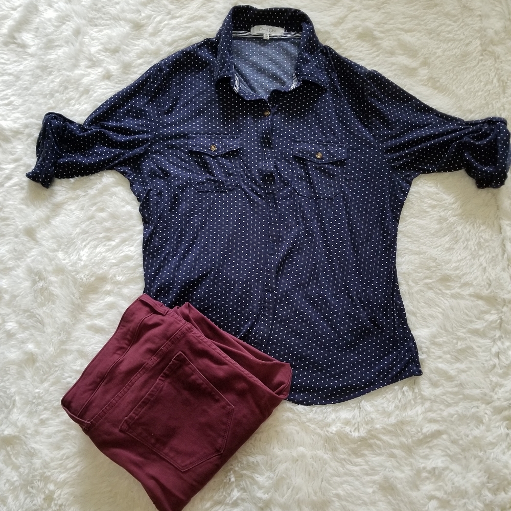 Blue w/white polka dot top